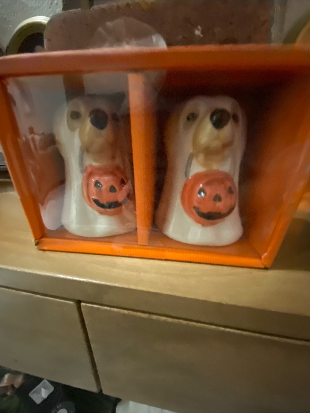Halloween Ghost Dog Salt & Pepper Shaker Set - White and Orange